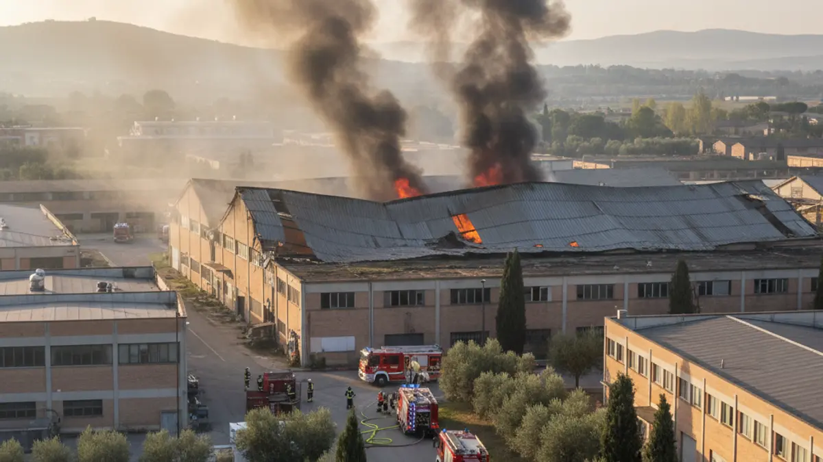 Image of an industrial warehouse with a partially collapsed roof and smoke emanating, with fire trucks in the distance.