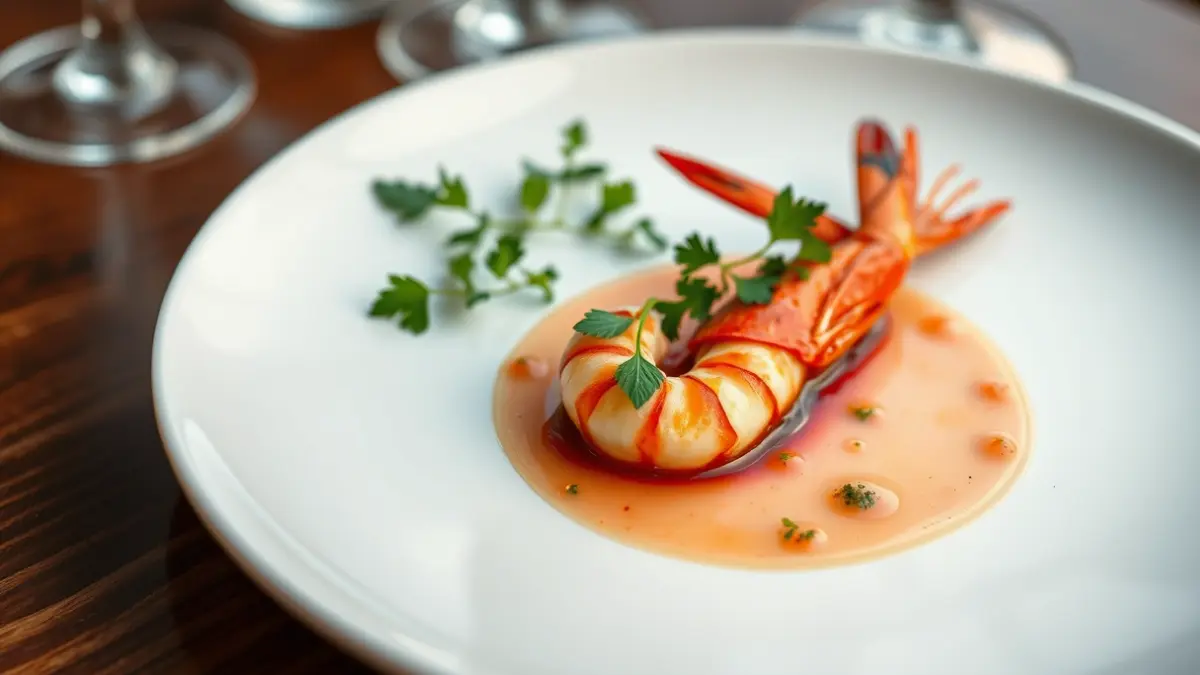Imagen de un plato gourmet con gamba roja, agua de tomate y hierbas frescas, presentado en un plato blanco minimalista.