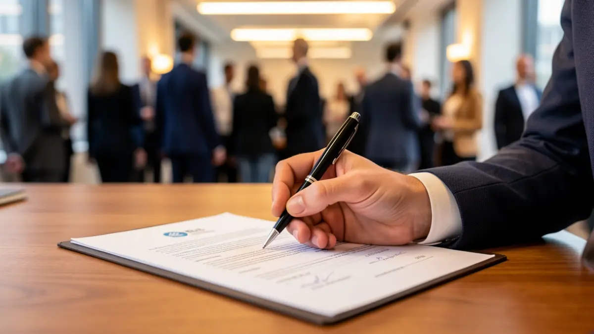 Generic image of the signing of a business financing agreement in an office.