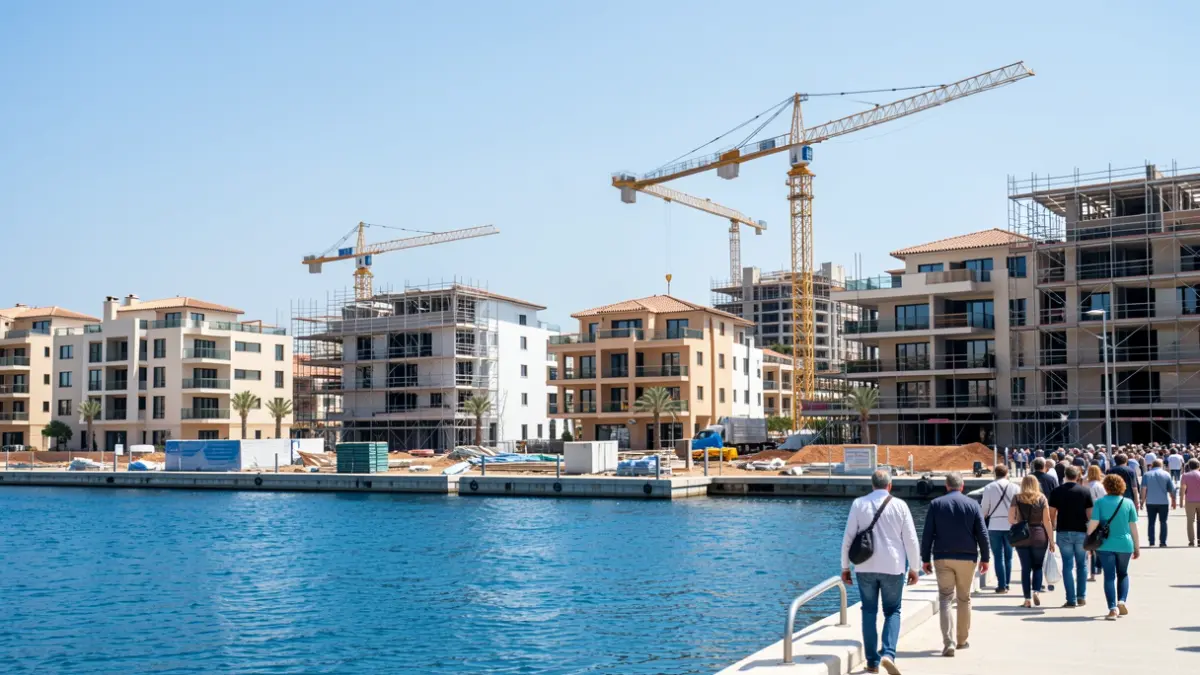 Generic image of a modern marina construction with new buildings and cranes.