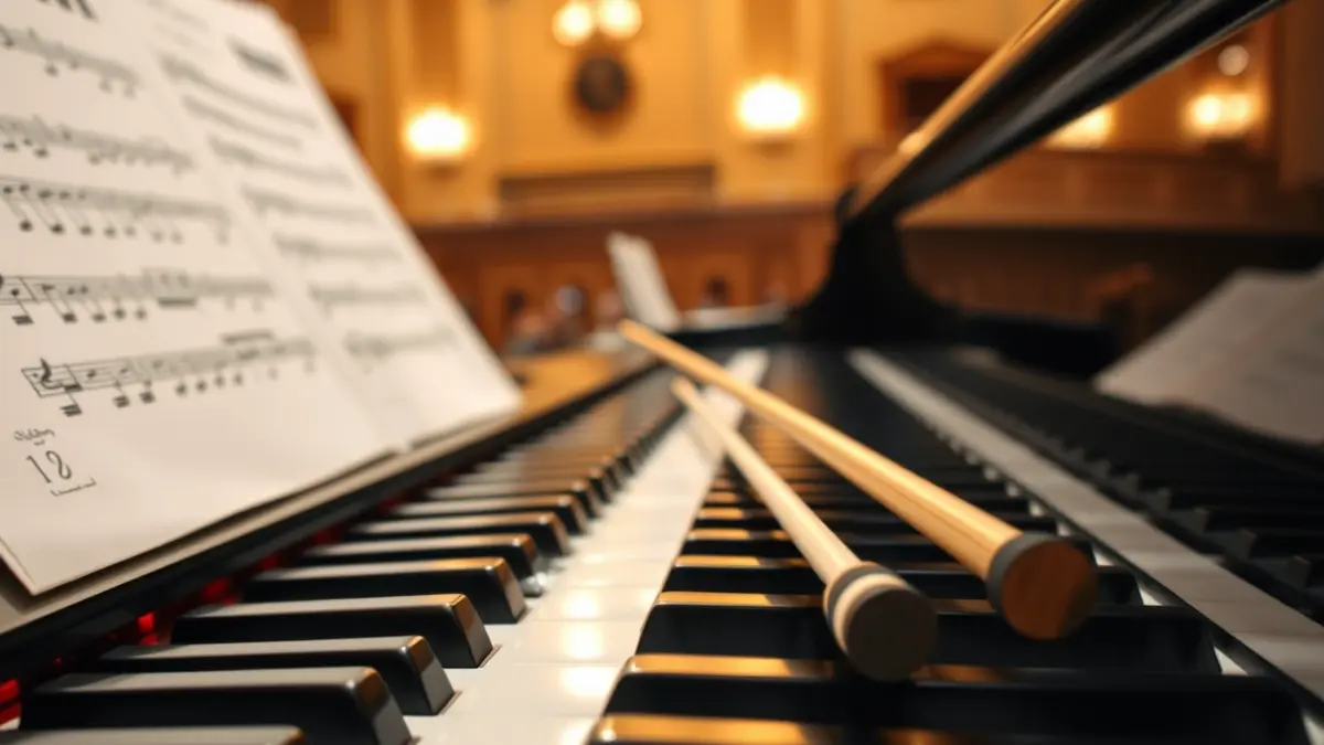 Imagen genérica de un teclado de piano de cola con una batuta, en un ambiente de sala de conciertos.