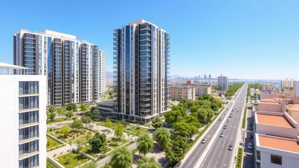 Imatge d'un edifici residencial modern amb zones verdes i una avinguda urbana.