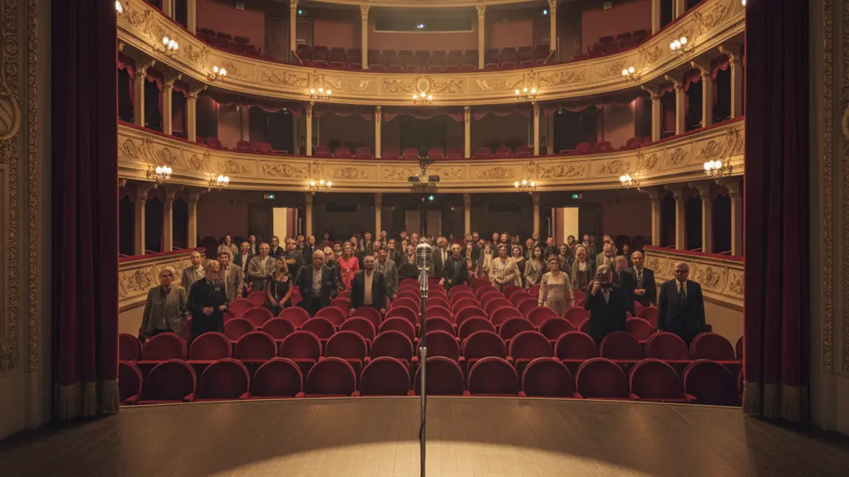 Generic image of a theater stage with red velvet curtains and spotlights, with a solemn atmosphere.
