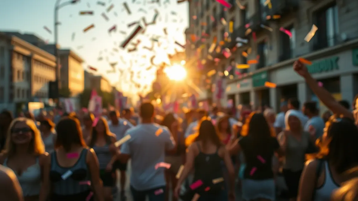 Generic image of a protest or celebration with confetti in the air and silhouettes of people.