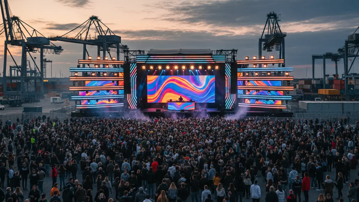 Image of an outdoor music festival with an illuminated stage and an LED screen, with a crowd enjoying the music in a festive atmosphere.