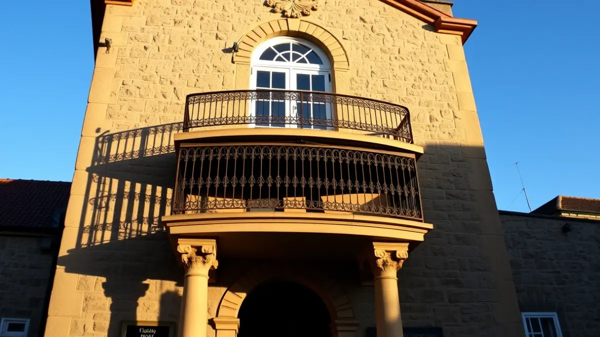 Façana d'un ajuntament de pedra amb balcó ornamentat, banyada per la llum del sol de la vesprada.
