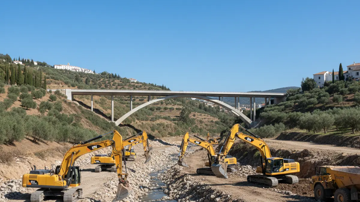 Imatge d'unes obres d'enginyeria en un barranc, amb maquinària pesada i un pont al fons, sota un cel clar.