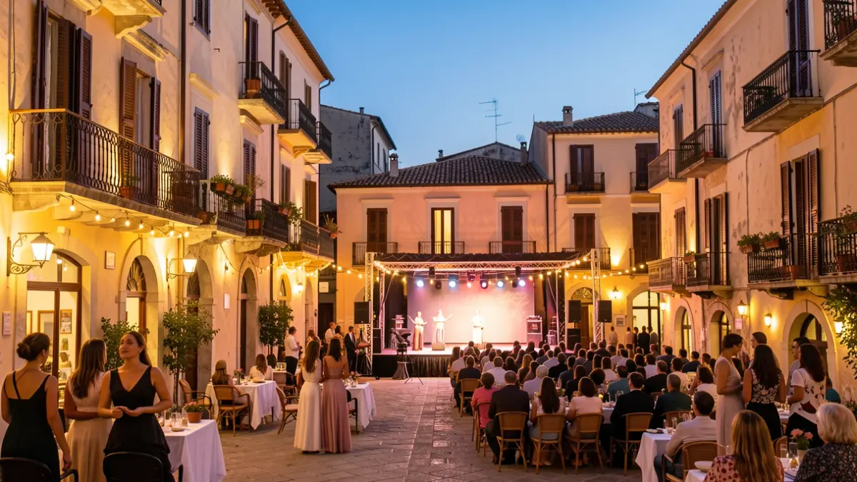 Imatge genèrica d'una plaça de poble mediterrani amb ambient festiu al capvespre.