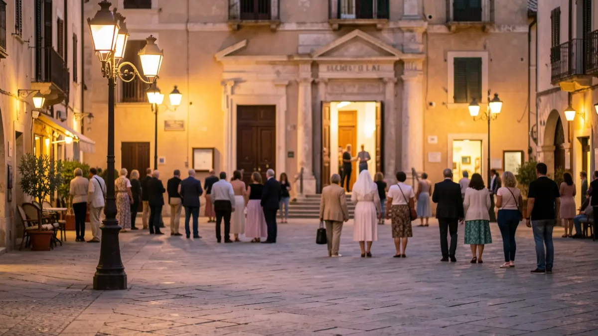 Generic image of a municipal theater in a Mediterranean square at dusk.