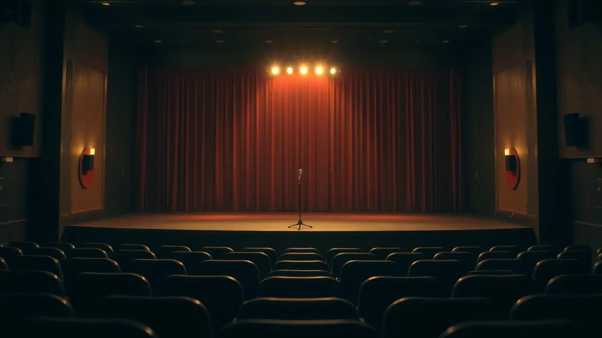 Generic image of a theater stage with a microphone, warm lighting, and empty seats.