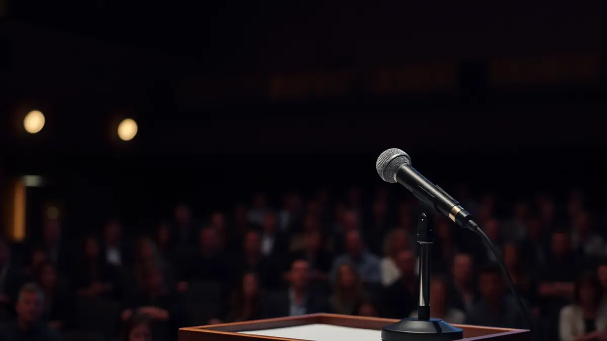 Generic image of a microphone on a podium in a theater, with blurred empty seats in the background.