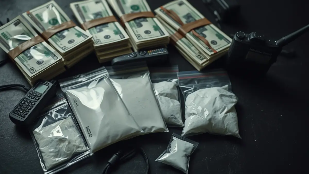 Imatge d'efectiu, droga i material confiscat en una operació policial.