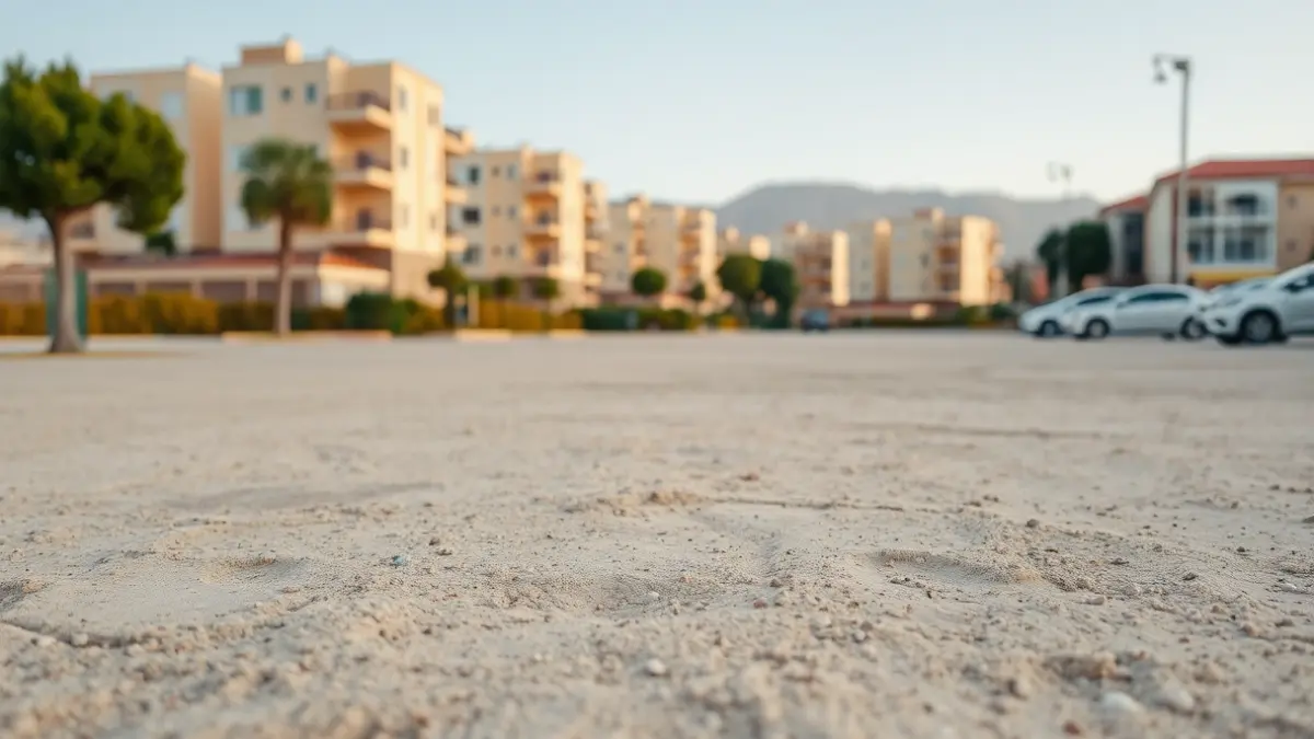 Image of an unpaved parking area in a Mediterranean city, with dust and scattered gravel.