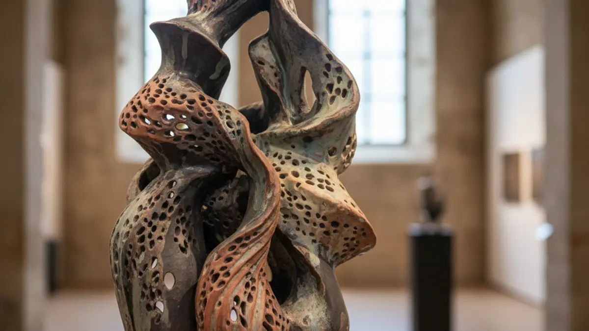 Imatge genèrica d'una peça de ceràmica artística contemporània, amb textures i formes abstractes, exposada en una galeria amb il·luminació suau.