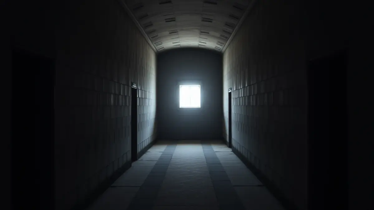 Image of an empty corridor in a concentration camp, with concrete walls and a small window.