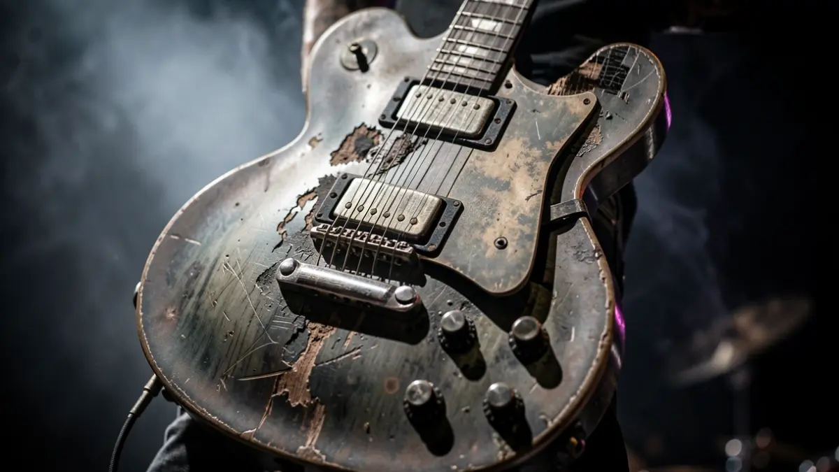 Imagen genérica de una guitarra de heavy metal en un ambiente de concierto.