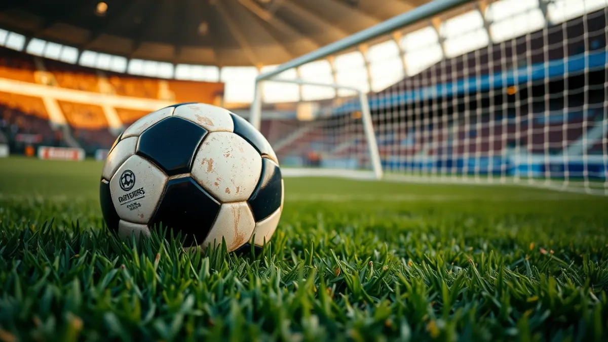 Imatge genèrica d'una pilota de futbol en la gespa d'un estadi, amb la porteria desenfocada al fons.