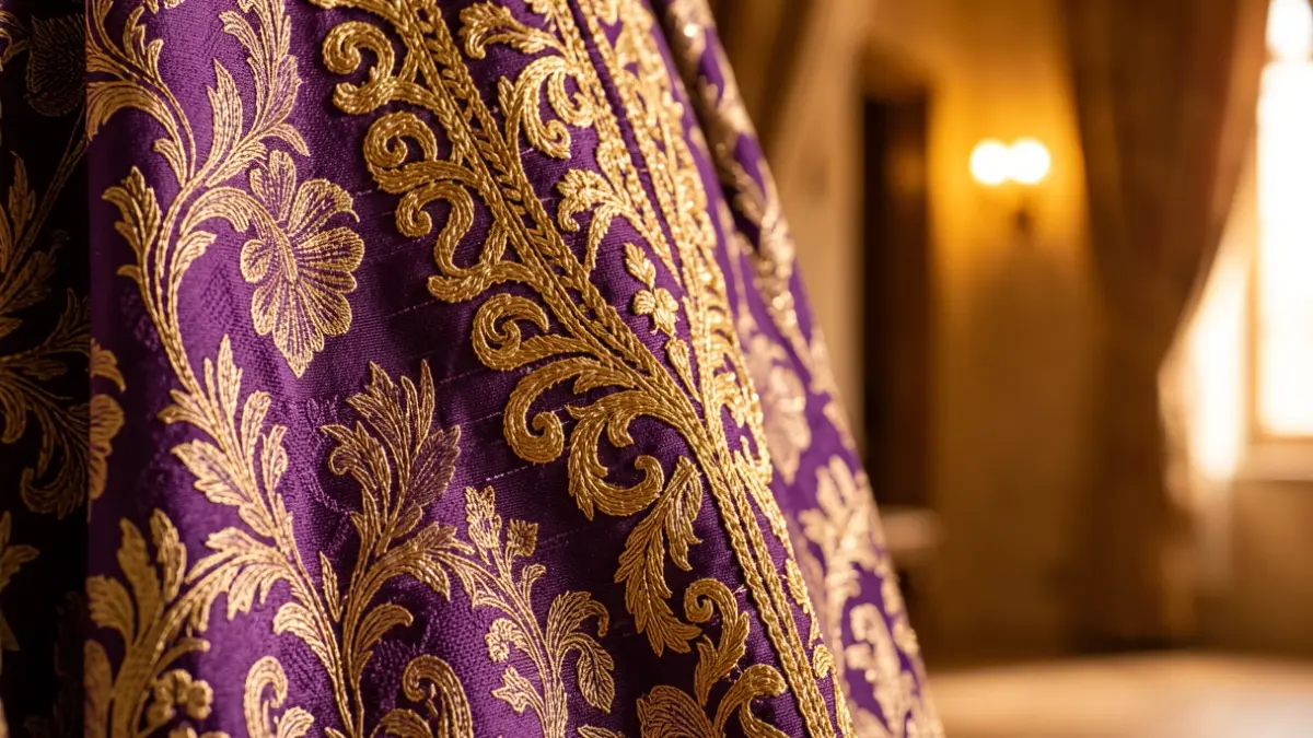 Detail of a purple brocade fabric with gold threads, typical of a traditional festival costume.