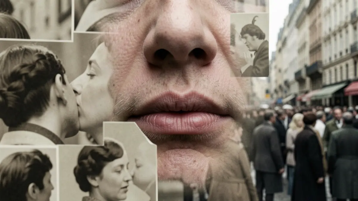 Imatge d'una obra artística que utilitza imatges de besos per a explorar la violència.