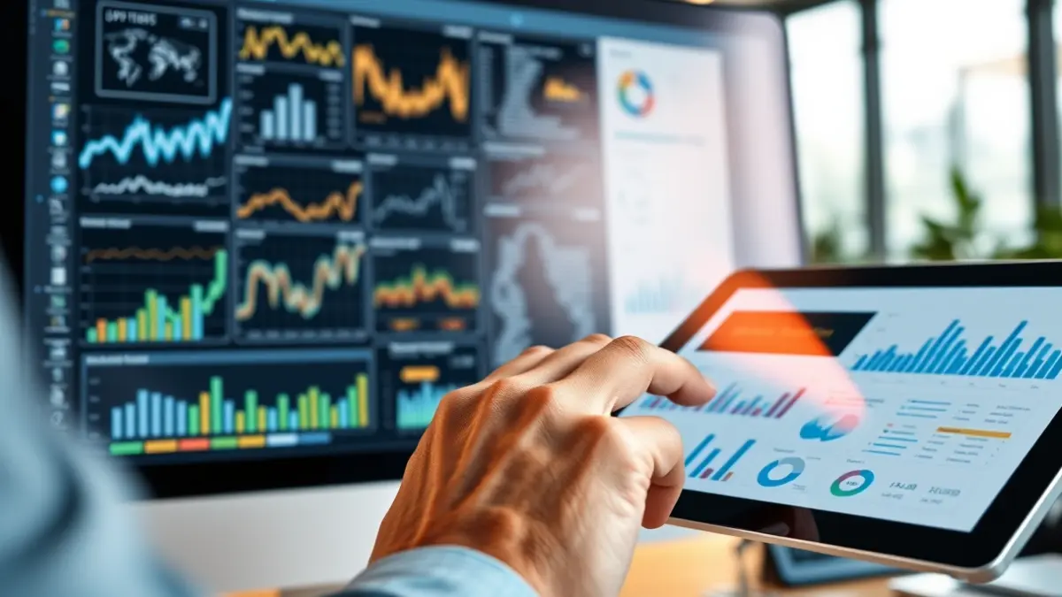 Generic image of a computer screen with graphics and a hand interacting with a tablet, symbolizing business intelligence and data analysis.