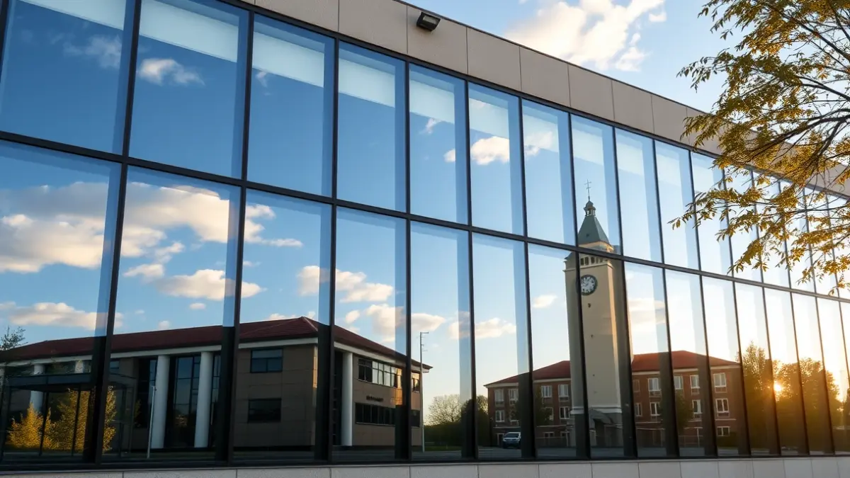 Facade of a modern municipal building with glass windows, reflecting the sky, with the afternoon sunlight.