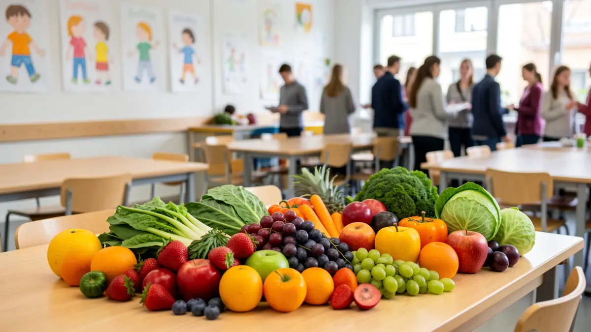 Imagen genérica de frutas y verduras frescas en un comedor escolar.