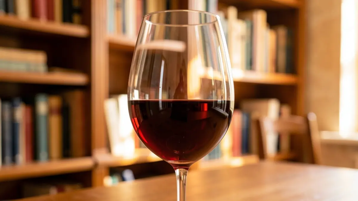 Copa de vi amb llibres al fons, ambient literari i enològic.