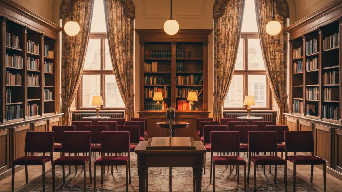 Imatge genèrica d'un interior de biblioteca amb prestatgeries de fusta i un podi amb micròfon, amb una il·luminació càlida.
