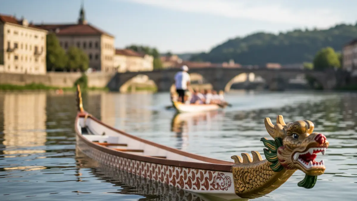 Image of a Dragon Boat with paddlers in a sports event.