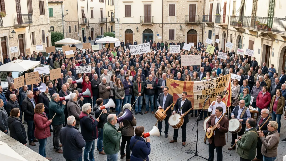 Imatge genèrica d'una manifestació multitudinària amb pancartes i música tradicional.