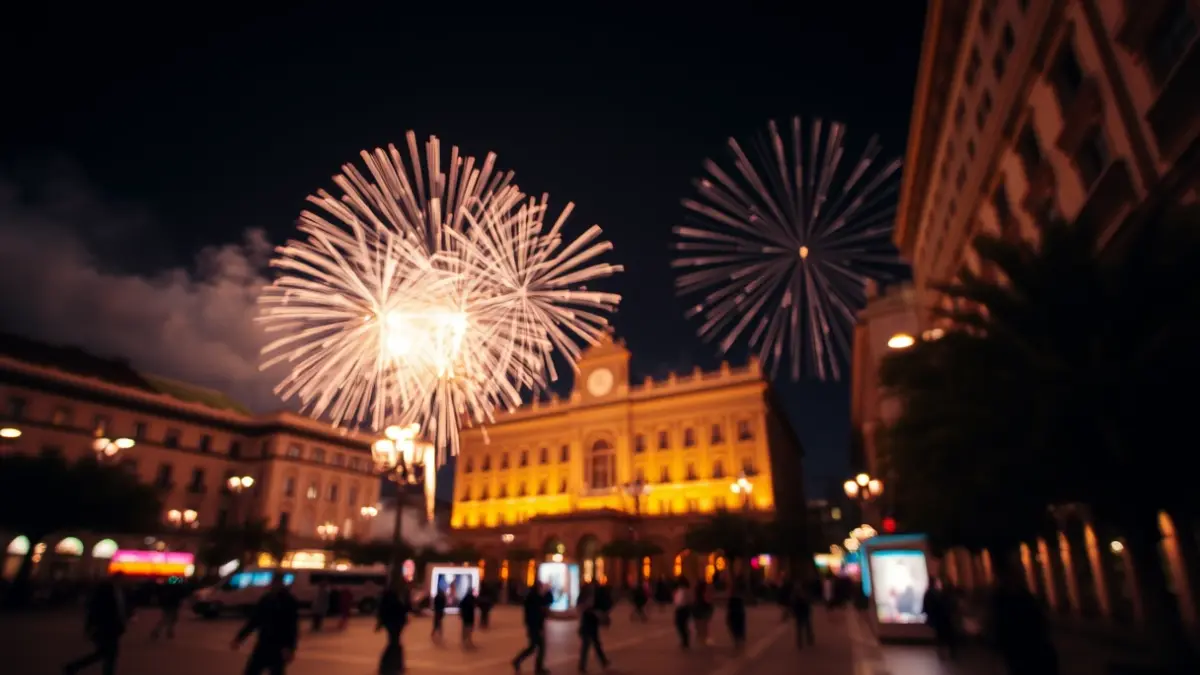 Image of a night mascletà in Valencia's City Hall square, with fireworks lighting up the sky and the facade of the municipal building.