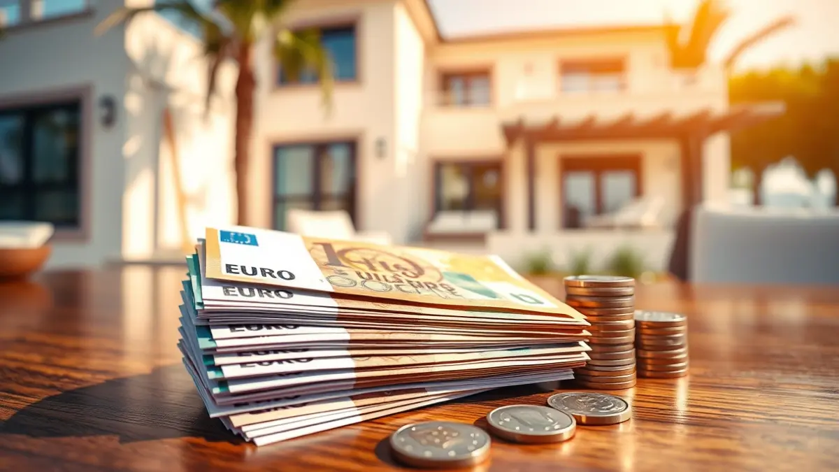 Imagen genérica de dinero en efectivo sobre una mesa, con una casa de lujo desenfocada al fondo, simbolizando compras inmobiliarias al contado.