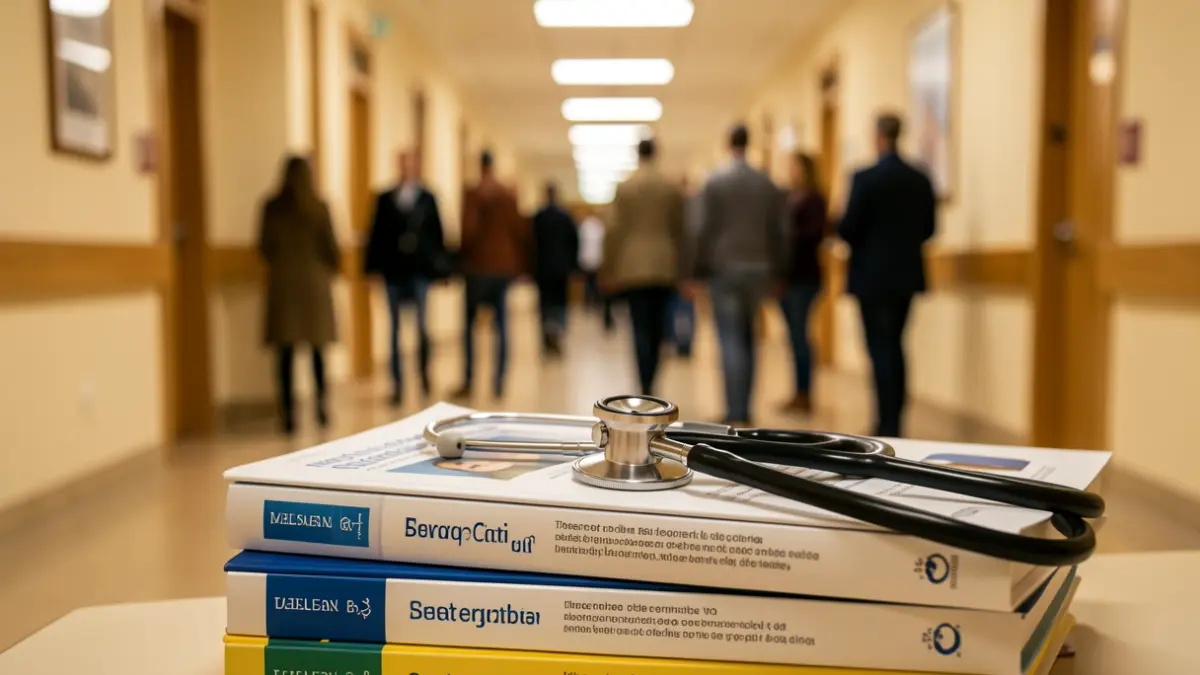 Generic image of a stethoscope on medical books in a hospital.