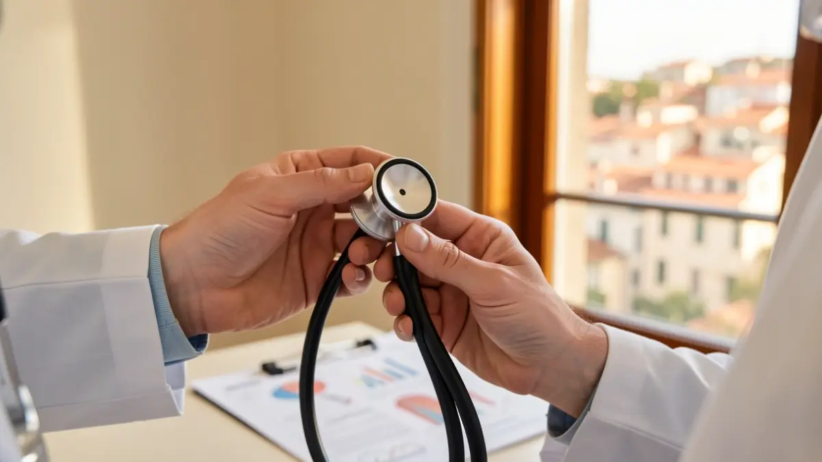 Generic image of a doctor with a stethoscope in front of an urban landscape.