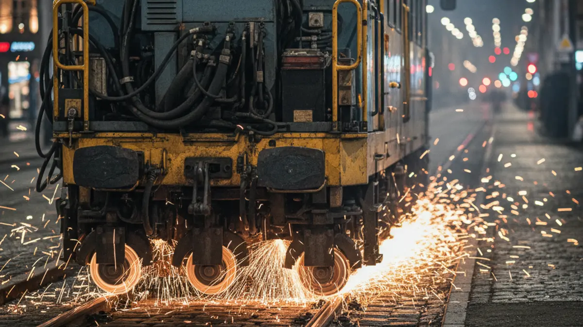 Imatge genèrica d'un tren de manteniment treballant en les vies del tramvia de nit.