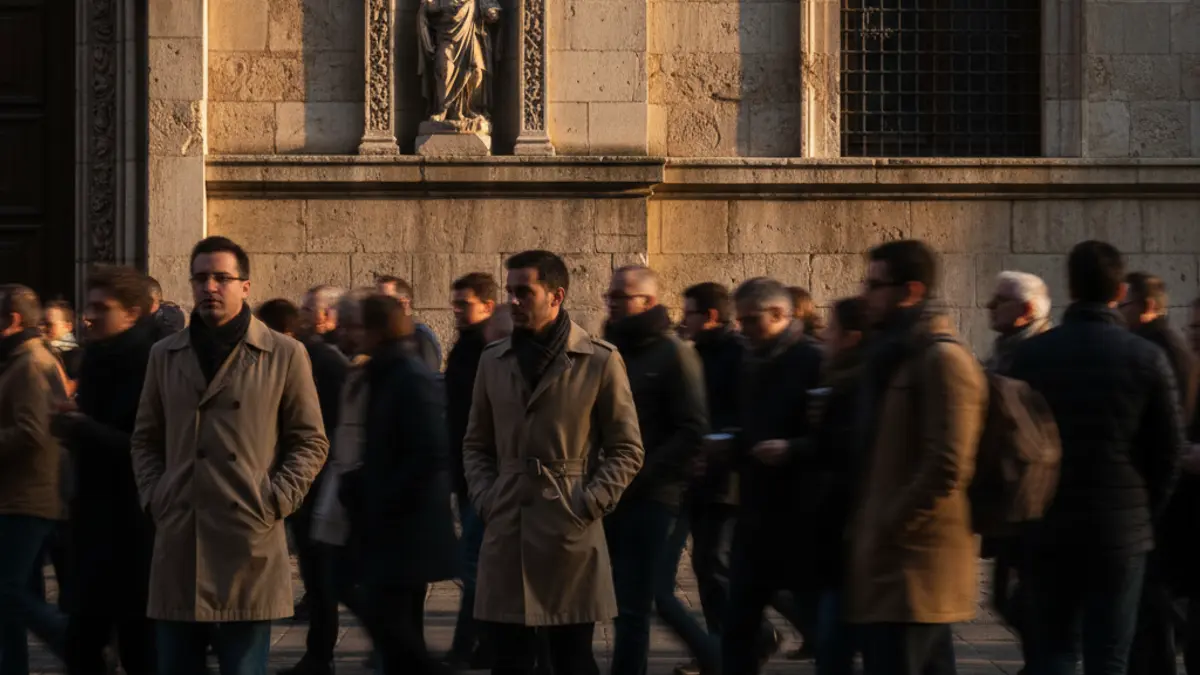 Imatge d'una concentració de persones davant d'un edifici antic, amb llum de matí.