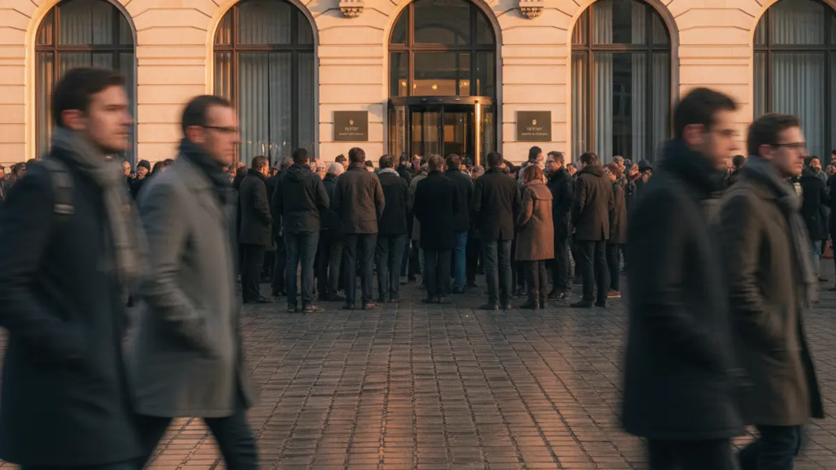 Generic image of a group of people gathered outside a building, with blurred figures in the foreground, suggesting a spontaneous meeting or protest.