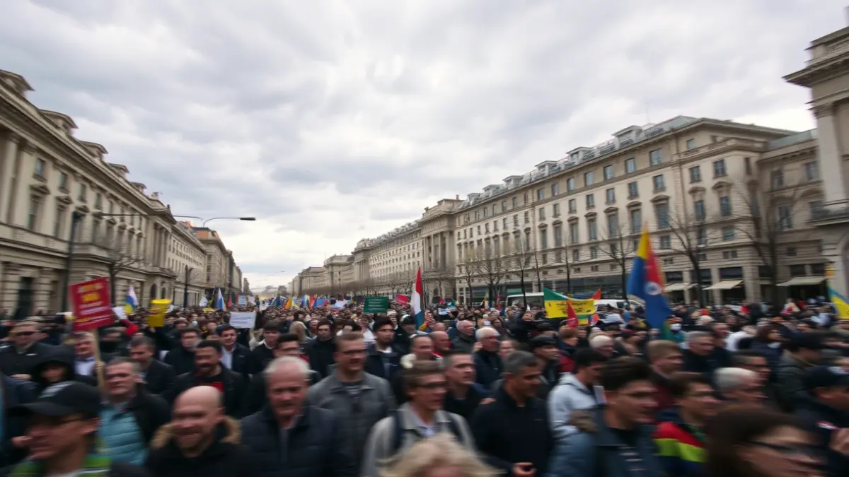 Imagen genérica de una manifestación multitudinaria en una calle de ciudad, con pancartas y un cielo nublado.