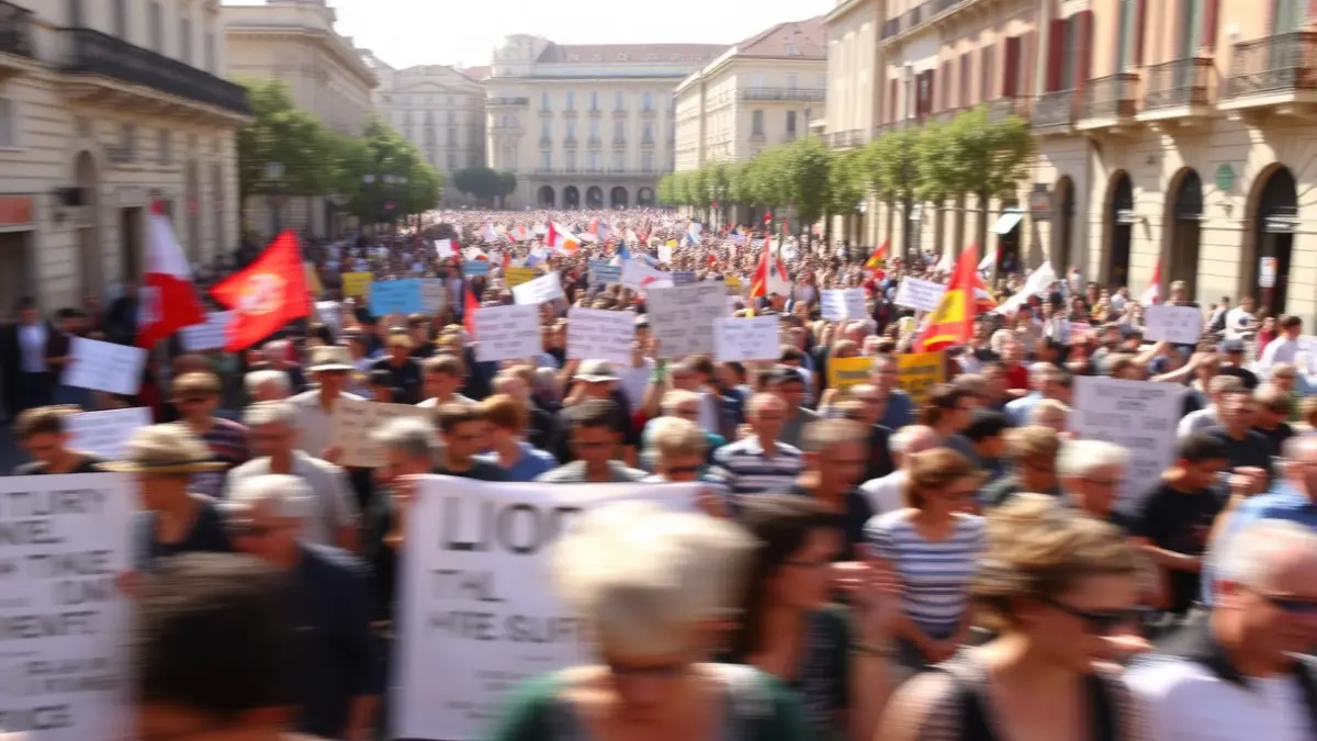 Imagen genérica de una manifestación del 1 de mayo en una calle de ciudad, con pancartas y gente en movimiento.