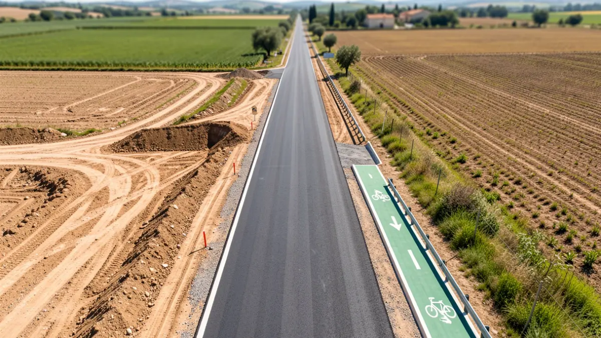 Generic image of roadworks on a rural highway with a new pedestrian and cyclist path.