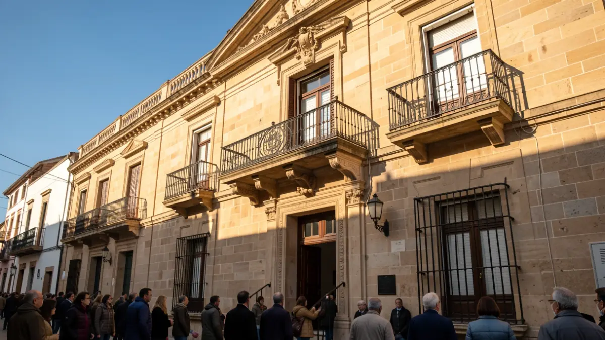 Generic image of a municipal building with a balcony and iron railings, illuminated by warm afternoon light.