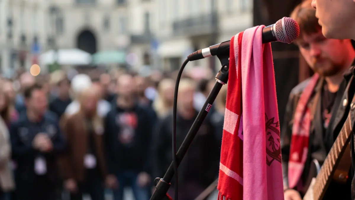 Generic image of a microphone with a pink and red scarf.