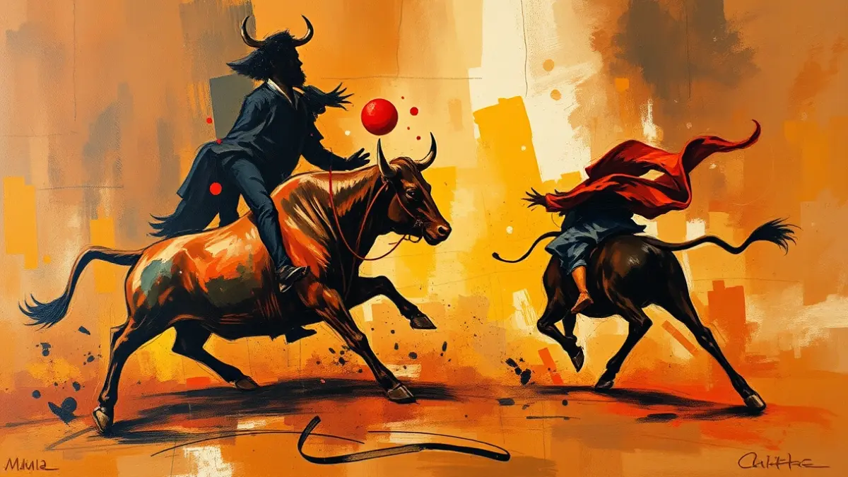 Imagen de una pintura abstracta contemporánea con pinceladas audaces y texturas ricas, que representa una escena taurina con movimiento dinámico y elementos simbólicos, al estilo de Miquel Barceló.