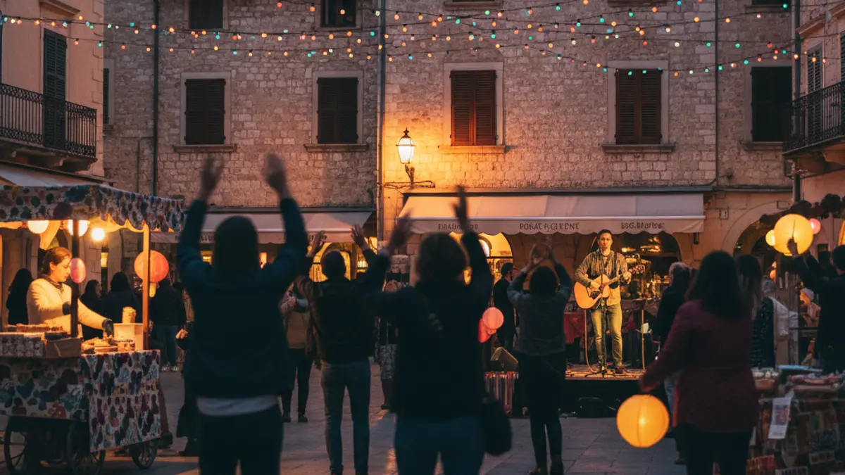 Imagen genérica de un festival cultural en una calle de ciudad, con gente disfrutando de espectáculos al aire libre.