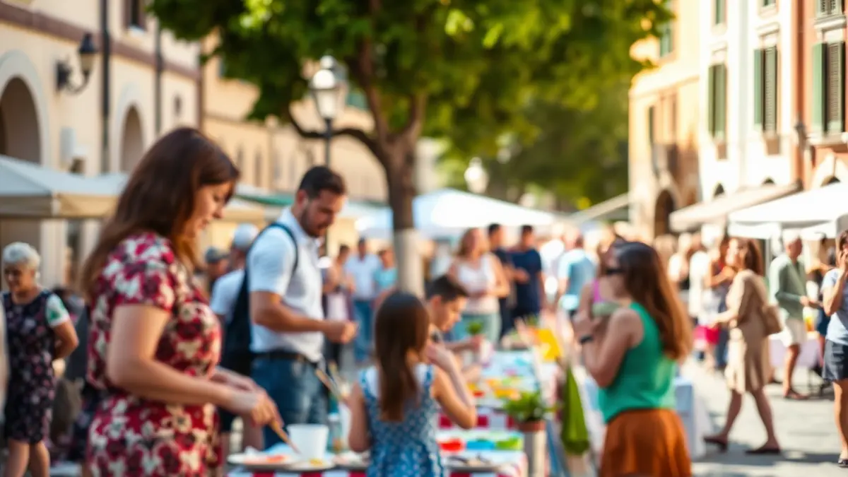 Image of a festive and family-friendly atmosphere in a Mediterranean square, with activities for all ages.