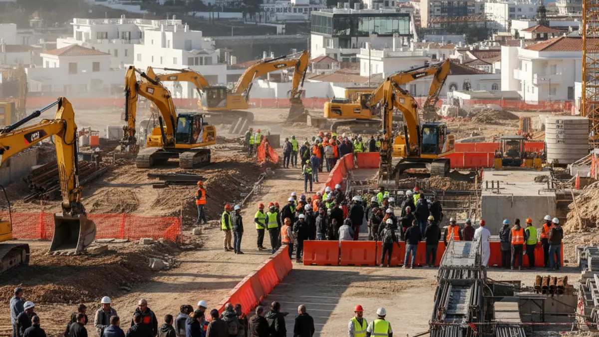 Image of an urbanization construction site with heavy machinery and safety fences, with coastal buildings in the background.