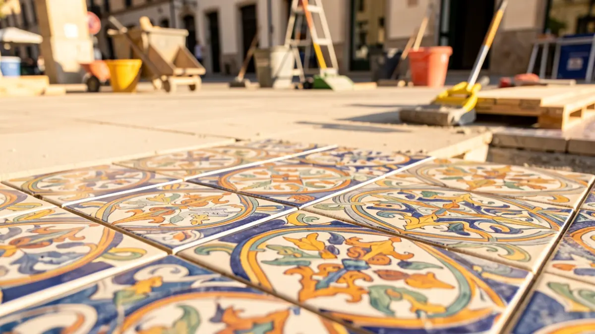 Generic image of ceramic tiles being laid in a public square.