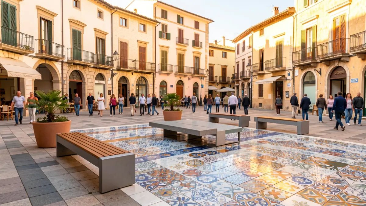 Imatge genèrica d'una plaça pública mediterrània amb elements ceràmics.
