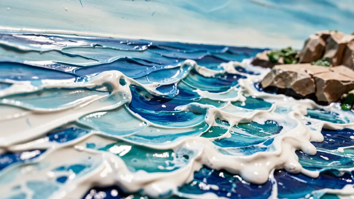 Obra de arte abstracta que representa el mar con resina y texturas.