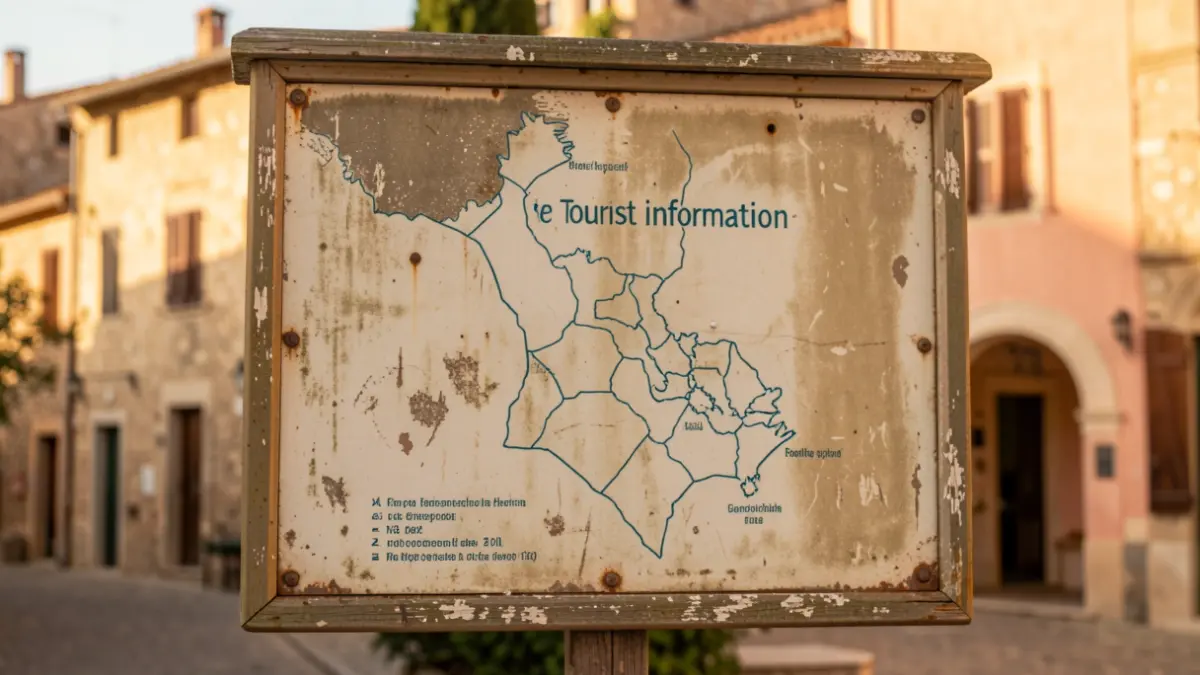 Imatge genèrica d'un panell informatiu turístic deteriorat.